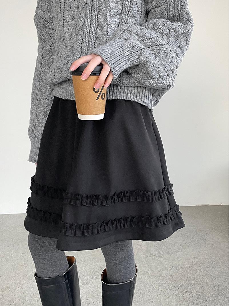 Taoguan Women s High-Waist Lace A-Line Skirt with Ruffle Hem One Size чёрный