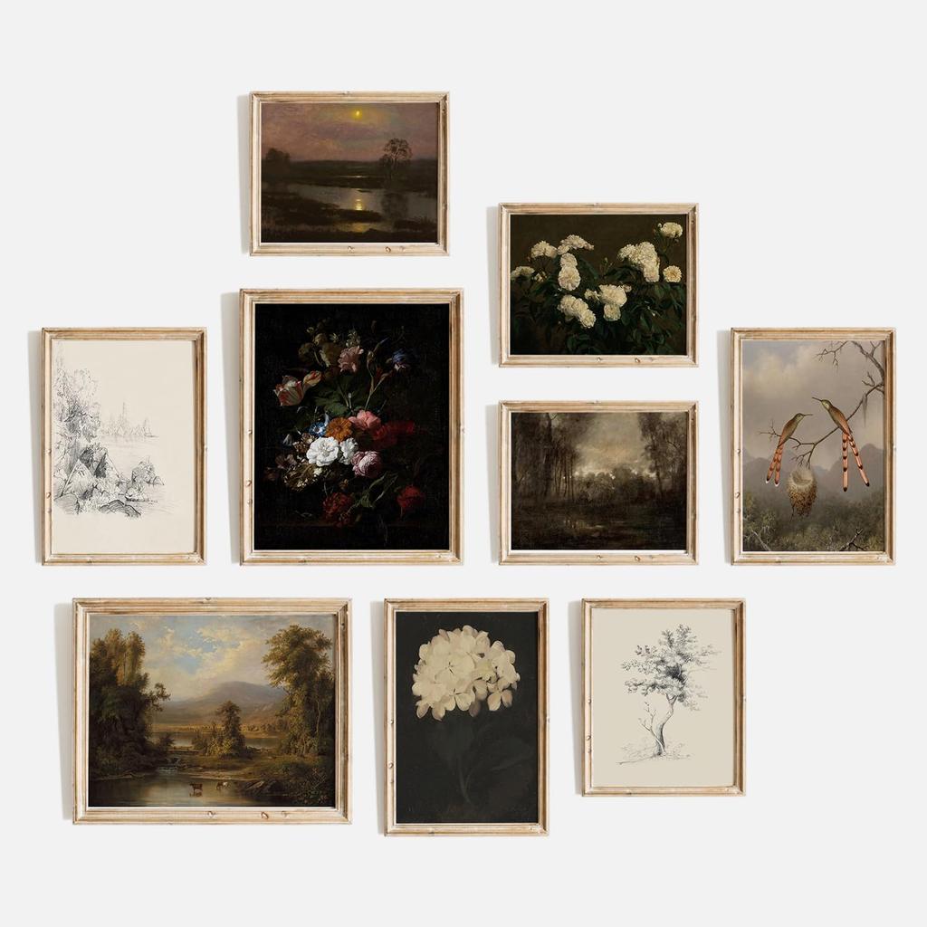TheCanvas Vintage Wall Art Prints Set of 9, Eclectic Nature Wall Art for Living Room, French Country Landscape Painting, Gallery Wall Decor for