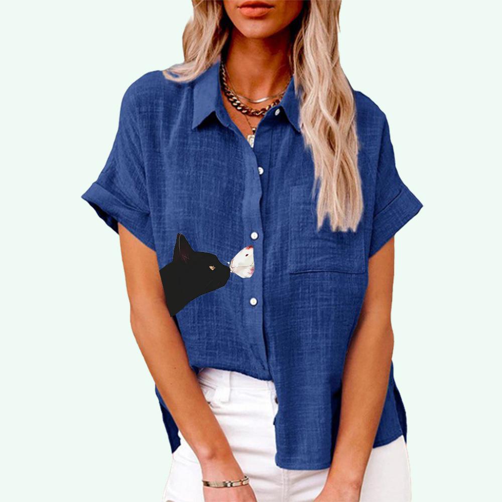 Sommer- und Herbstmodisches Revers-Oberteil für Damen mit Katzen-Print, kurzärmeliges T-Shirt, lässige Leinenblusen mit Tasche