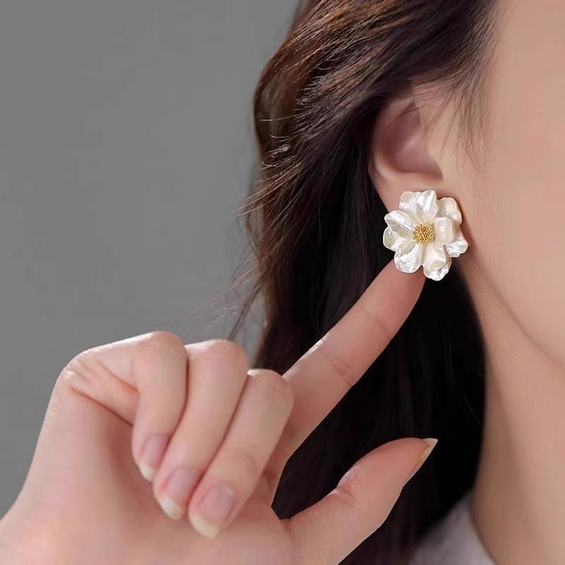 White Silver Camellia Flower Stud Earrings - Luxurious Women's S925 Silver Stud Earrings - High-end Ear Jewelry