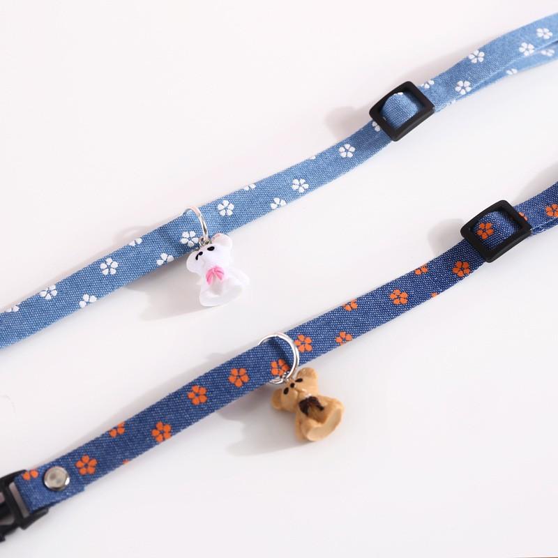 Adjustable Denim Pet Collar With Embossed Star Cherry Bear Pendant Bell Cats Dogs