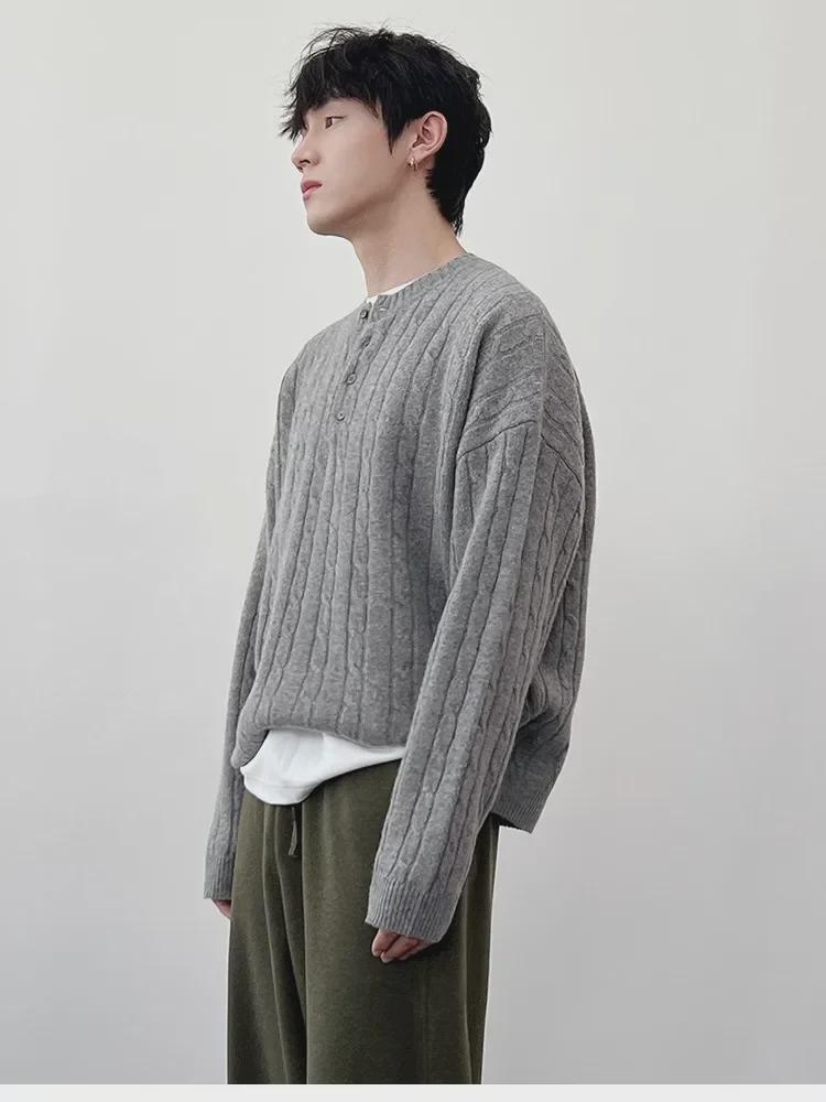 Men's Korean Style High-End Henley Collar Sweater - Heavy Woven, Twisted Knit, Loose Fit for Spring & Autumn
