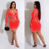 C6312 Fashion Women's Mesh Hot Drilling Solid Color Long Sleeve Short Skirt Dress