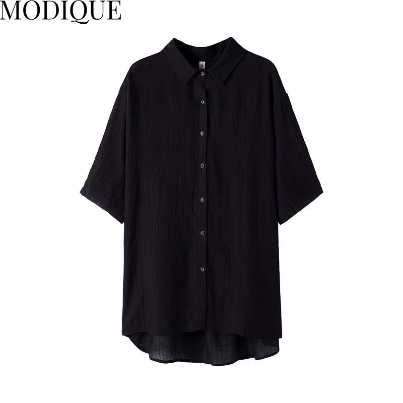 MODIQUE Letní Nadměrná Velikost Dámské Bavlněné Lněné 5990 Halenky Košile POLO Léto Kancelářská Dáma Kabáty Oversize Jednobarevné Otevřený Steh Knoflíky