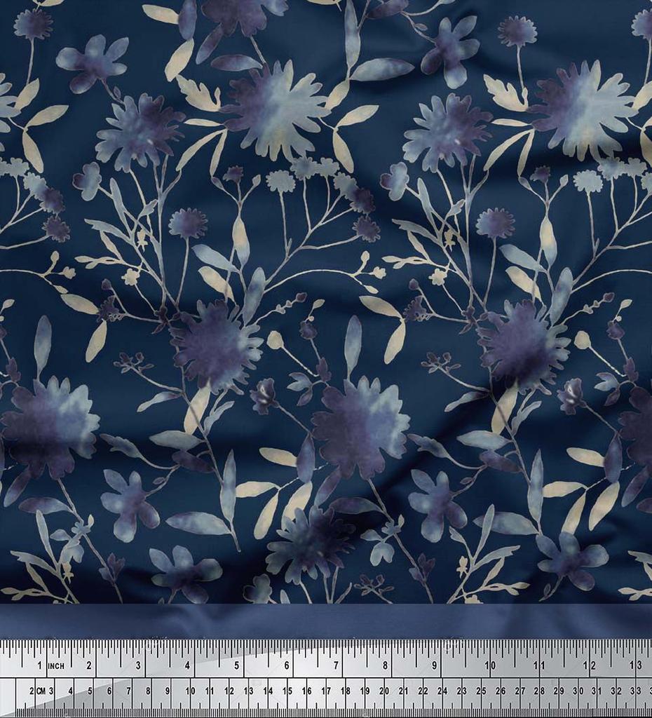 Soimoi Blauer Kreppseidenstoff Blätter- & Blumenpaneel Druckstoff pro Yard 42 Zoll