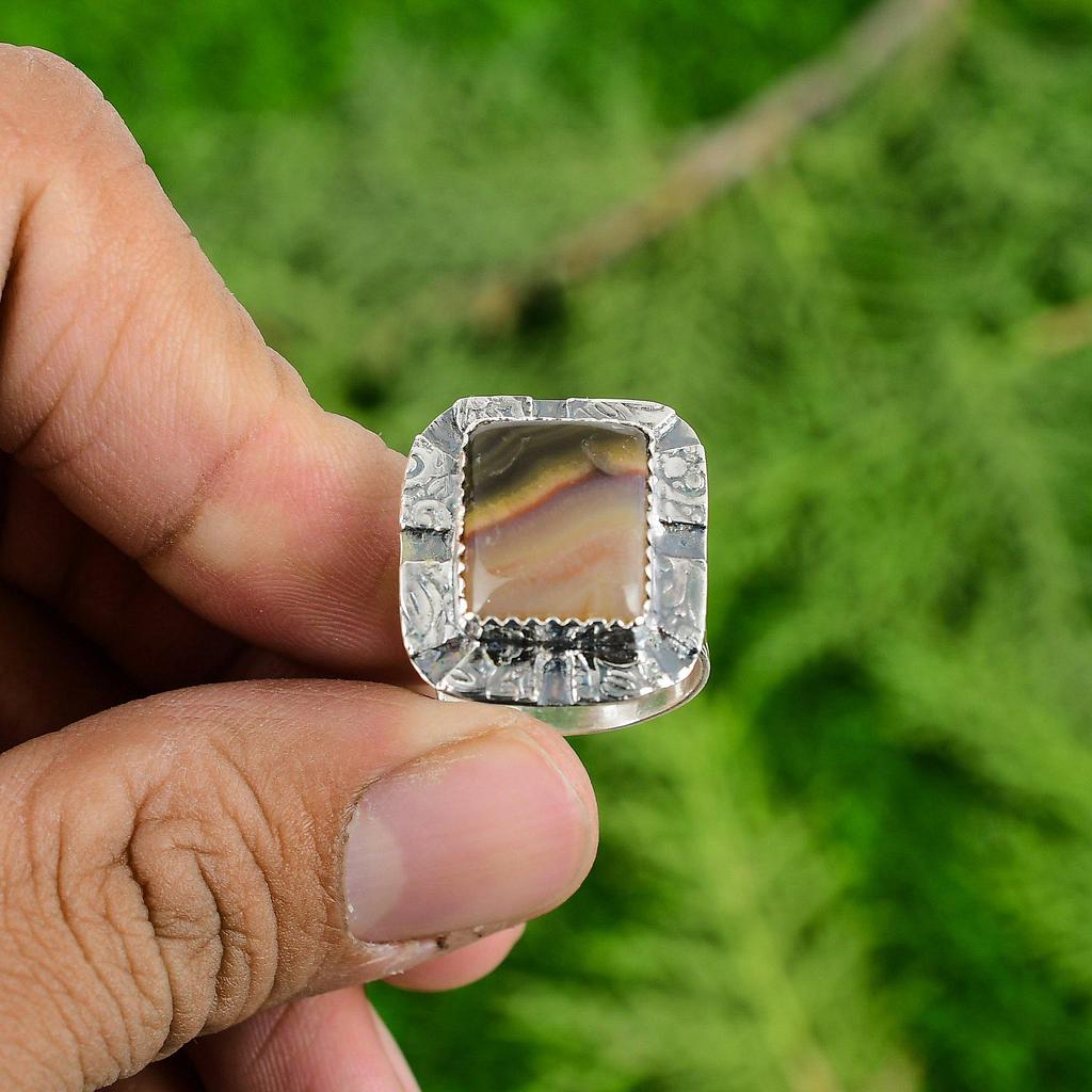 925 Sterling Silver Radiant Botswana Agate Stone Statement Bezel Ring Jewelry