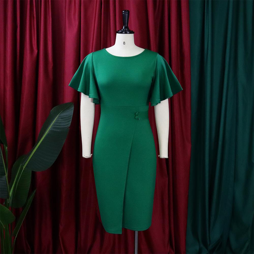 Spring and Summer Large Size Solid Color High Waist Temperament Commuter Ruffle Sleeve Package Hip Long Dresses