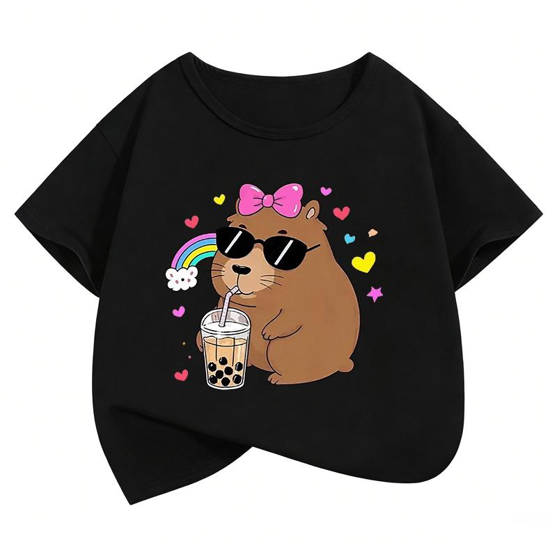 Girls Stylish Hoodie with Capybara Printed T Shirts Kids Childrens Tshirt Boys Girls Summer Spring Casual Top Tee