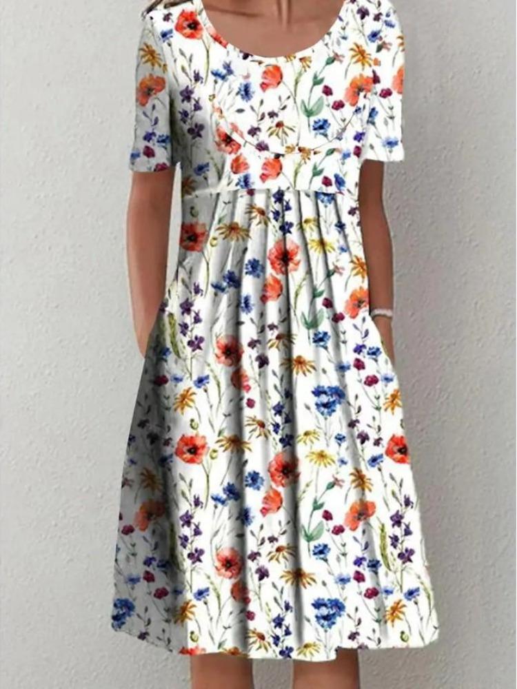 Floral Print Midi Dress with Pockets for Spring Summer