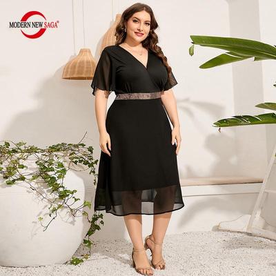 Summer Women Dress Short Sleeve Black Woman Chiffon Dresses Plus Size Dress V-neck Elegant Party Dresses