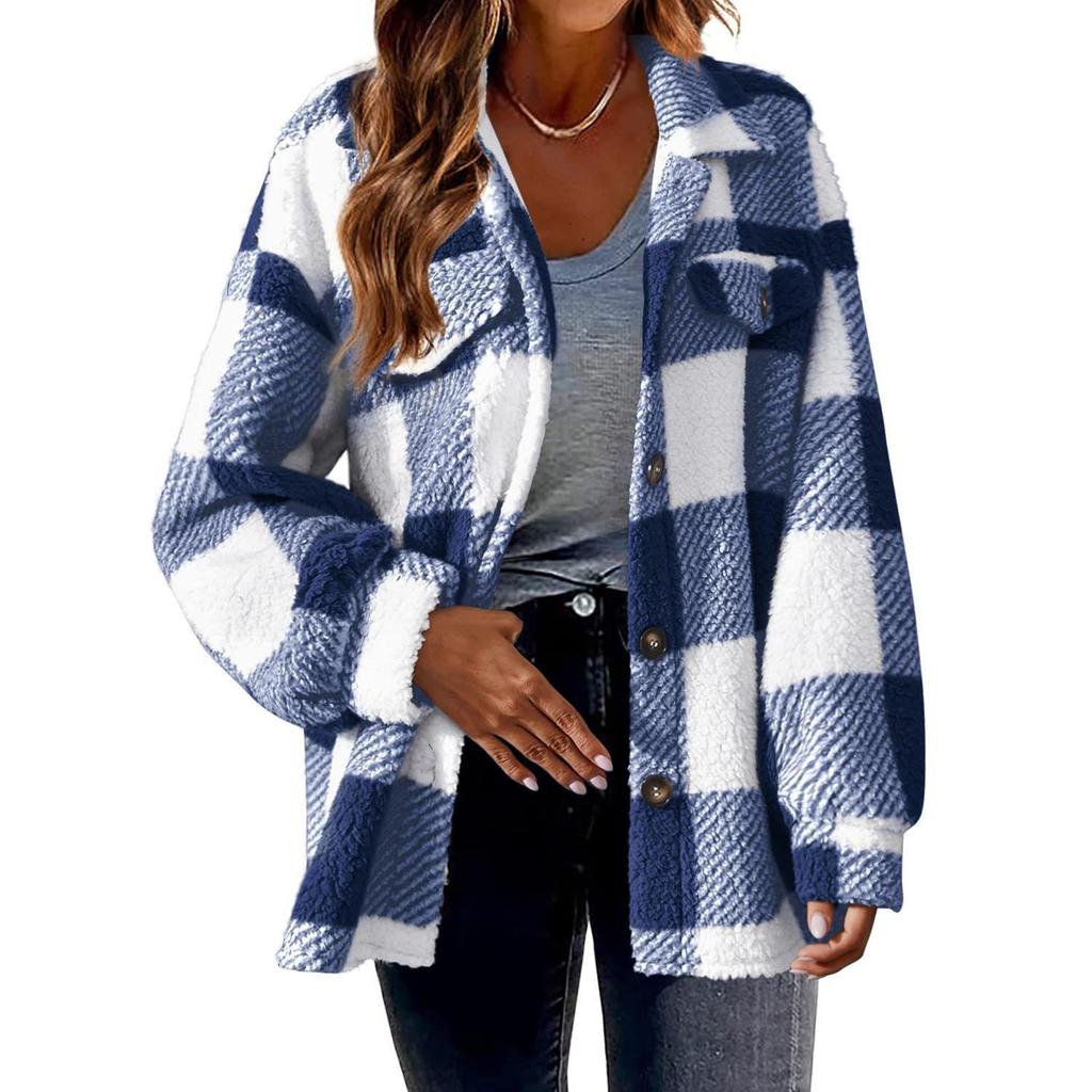 2026 New Elegant Fleece Coat with Pockets Minimalist Plaid Button-Down Jacket for Women