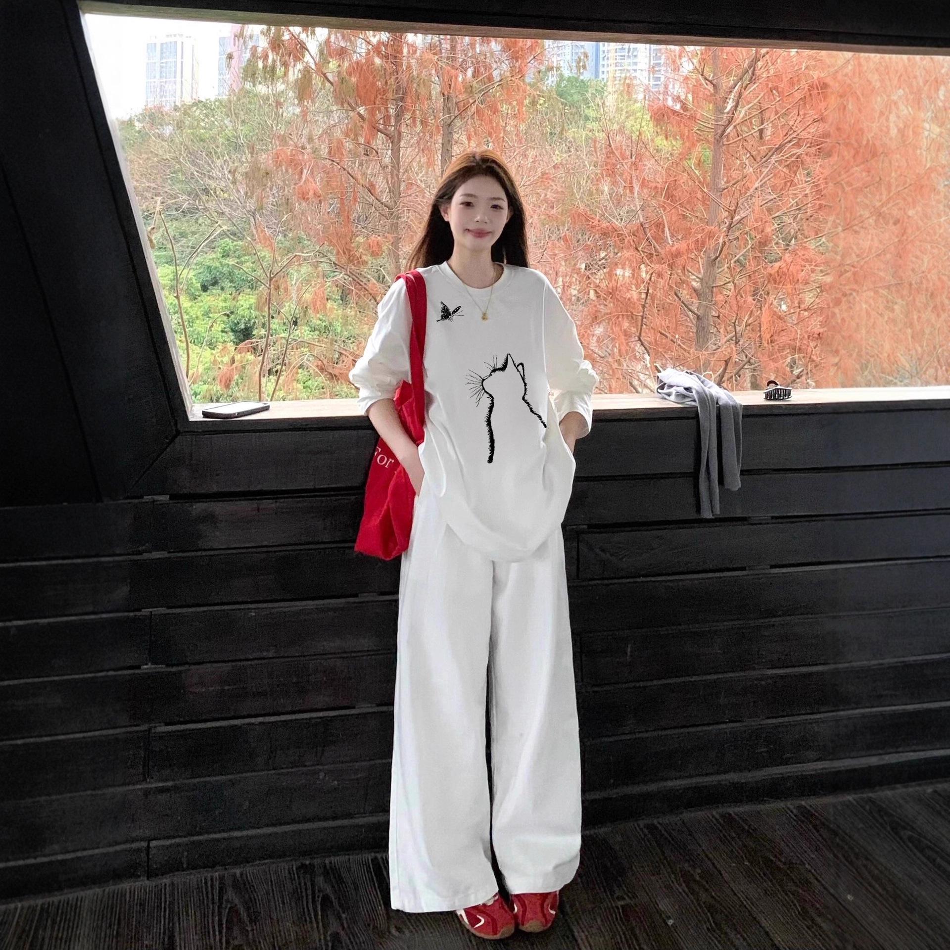 

Plus Size Korean Style Oversized Women s T-shirt, Early Autumn/Winter Base Layer with Straight Shoulder Long Sleeves XXXL [75-88 kg]