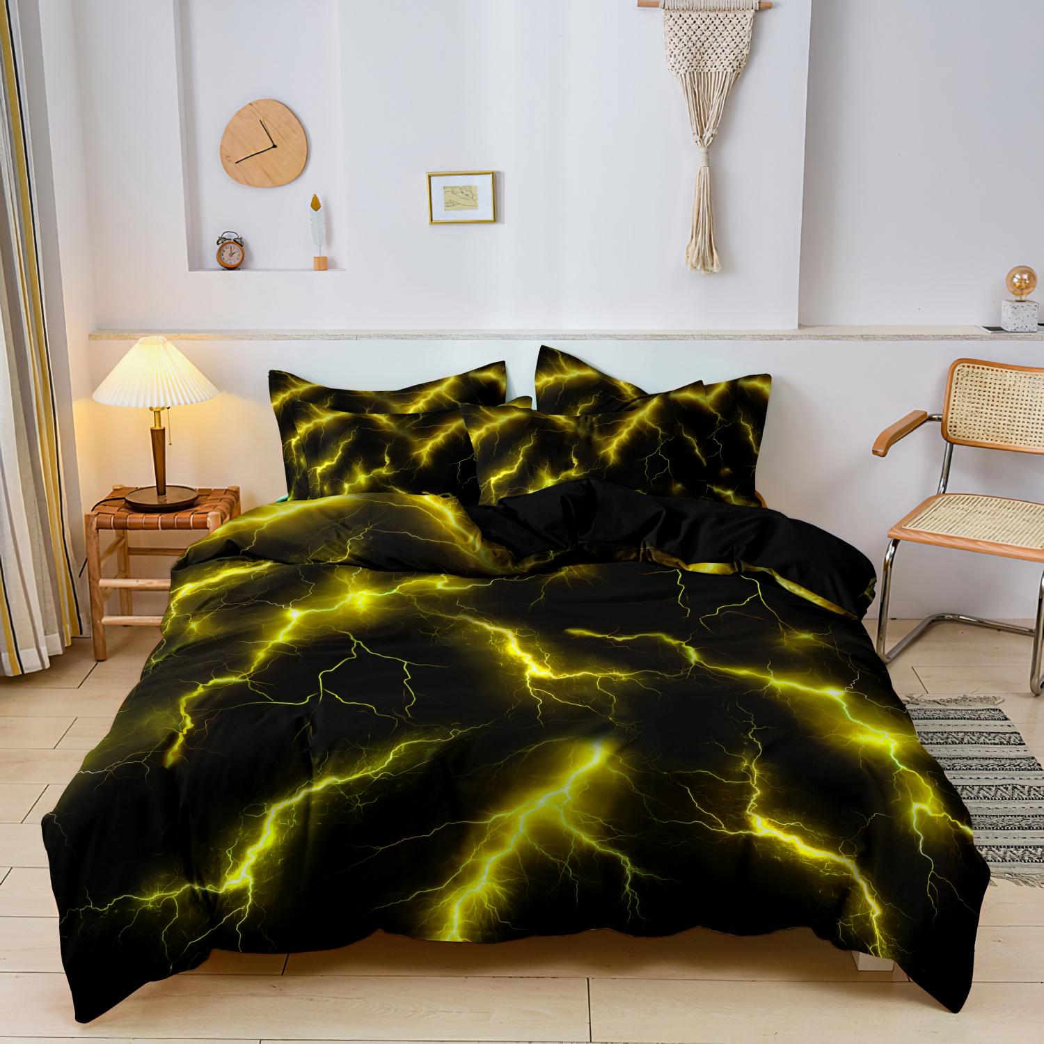 

3Pcs Lightning Thunder Pattern Print Duvet Cover Bedding Set Soft Breathable For Four-seasonBedroom Dormitory Decorative 135x200cm