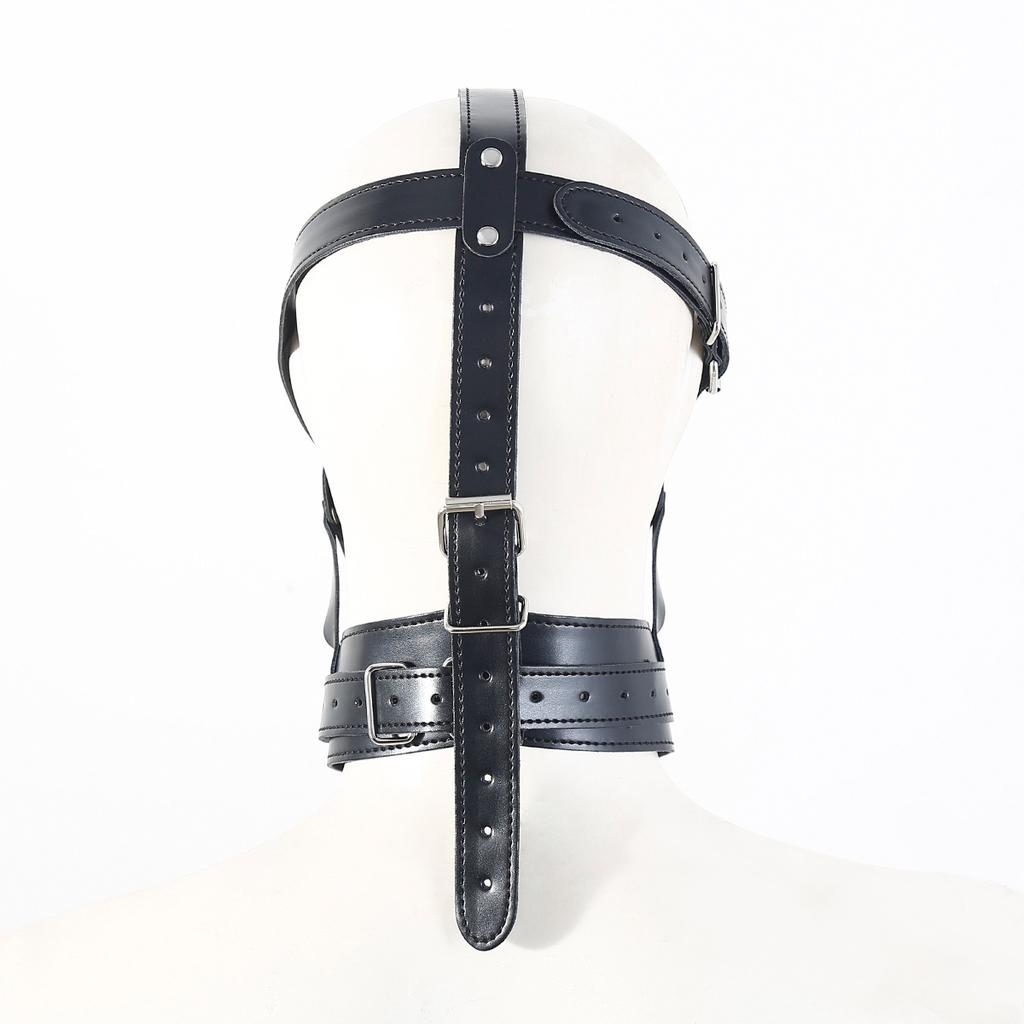 BDSM PU Leather Head Harness Hood with Silicone Dildo Mouth Gag Slave Bondage Mask Collar Fetish Role Play Gear Adult Sex Toys