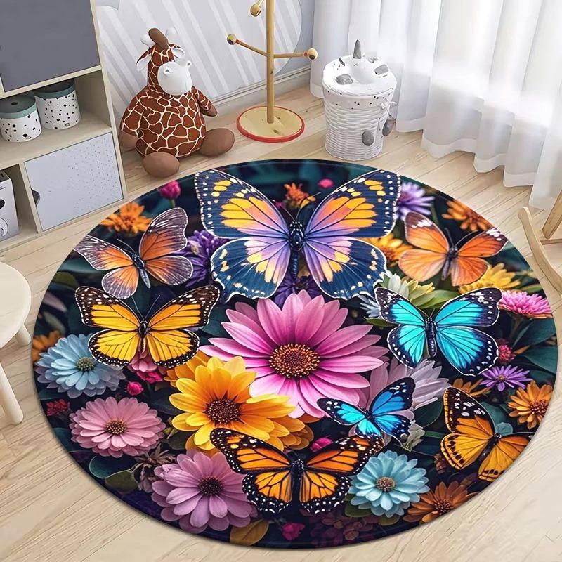 Dense Floral Butterfly Round Soft Non-Slip Art Rug Bohemian Living Room Minimalist Decor Rug