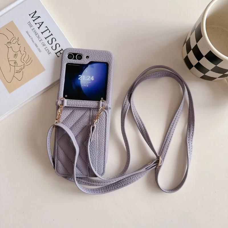 Lanyard Crossbody Wallet Phone Case for Samsung Galaxy Z Flip 6 5 4 3 Flip6 Flip5 Flip4 Flip3 5G Card Slot Holder Leather Cover