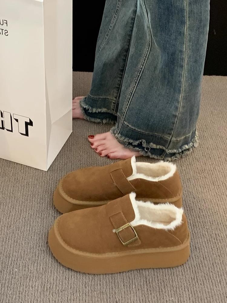 

2026 Autumn and Winter Thick Soled Fur Shoes Warm Bean Cotton Shoes with Velvet on One Step Round Toe Anti Slip Women s Shoes 40 коричневий