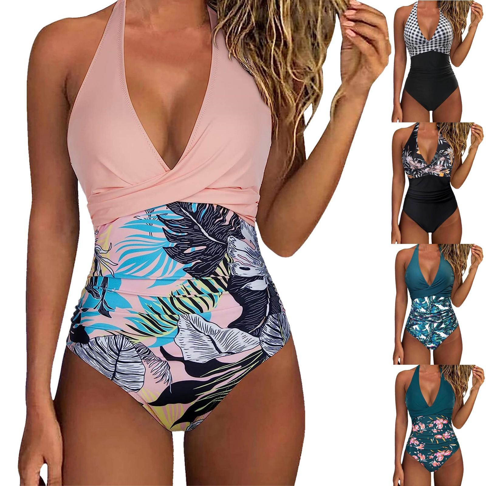 

New Women One Piece Swimsuit Print Splicing Color Backless Halter Design Women s Swimwear Suspenders Beachwear Bathing Bikini S