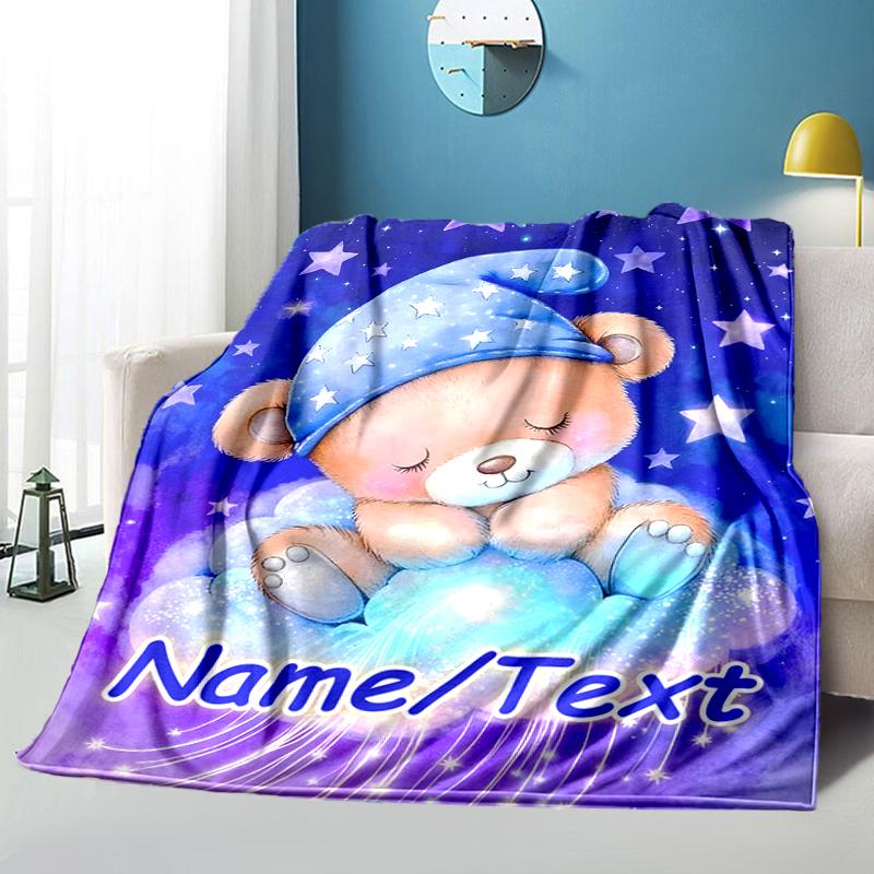 1PC Custom Name "Sleepy Bear Dreamscape" outdooor Flannel blankets Throw Blanket All-Season Throw Gift Bedspread for Couch, Bed, Camping Holiday Birth