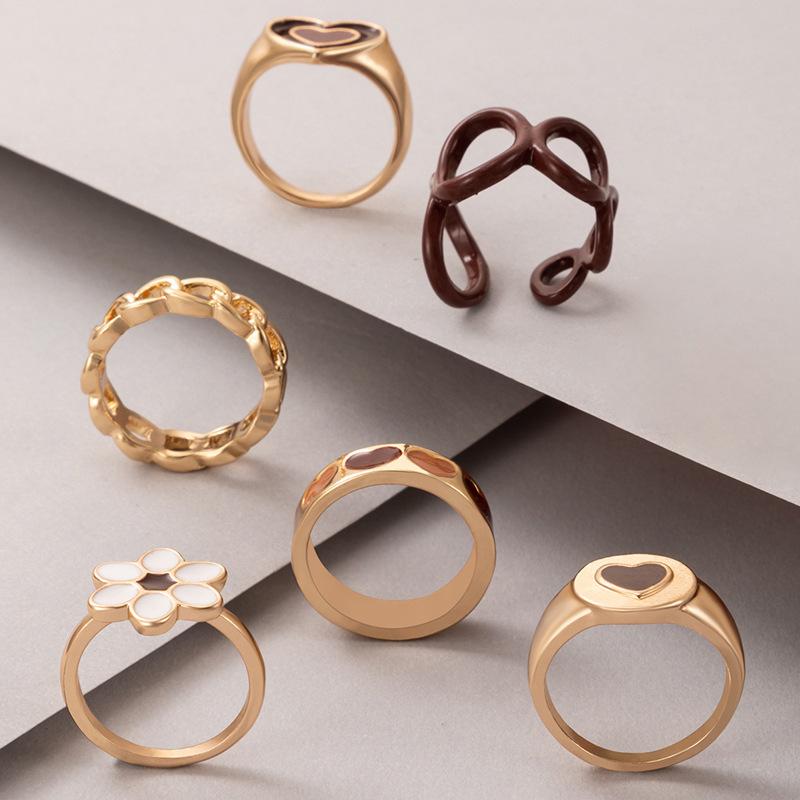 Digadagu 6 -Piece Set Brown Heart -Shaped Dripping Flower Ring Women 'S Popular Retro Ring Banquet Accessories