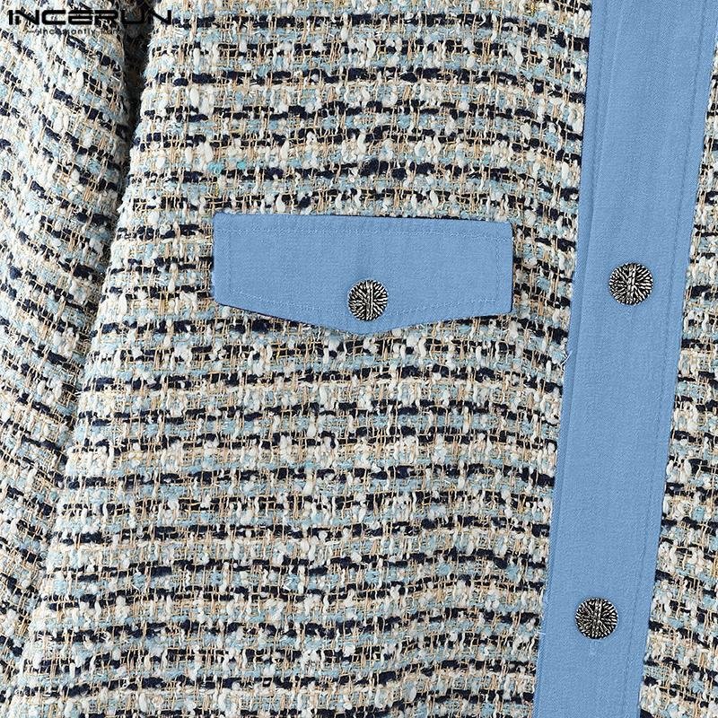 INCERUN Oversized Men Lapel Long Sleeve Plaid Patchwork Texture Casual Coats