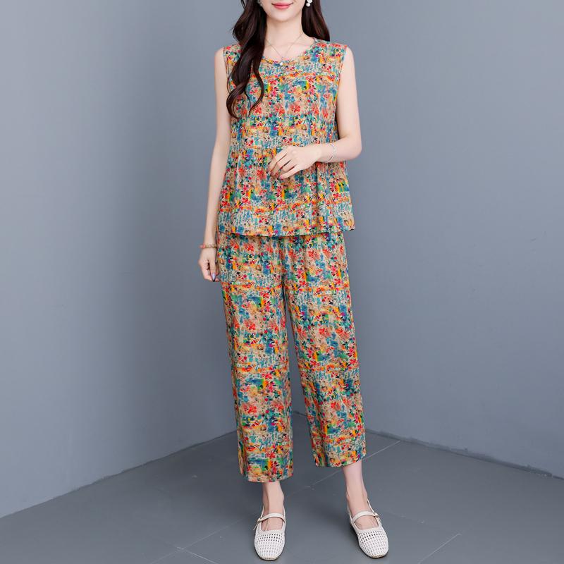 Plus Size Elegant 2 Piece Sets Women Summer Clothes Vintage Loose Print Pants Sets