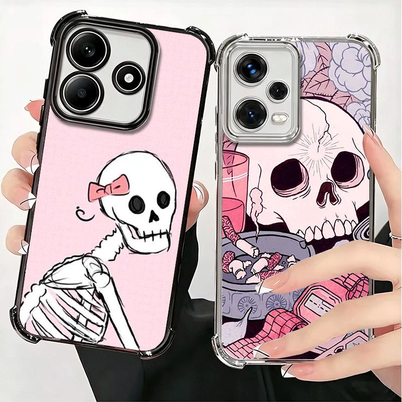 Pink Style Skull Witch Plating Phone Case For Xiaomi Redmi Note 14 15 Pro Plus 13 12 11 11S 11T 10 9S 9 5G Anti-Fall Airabag Cov
