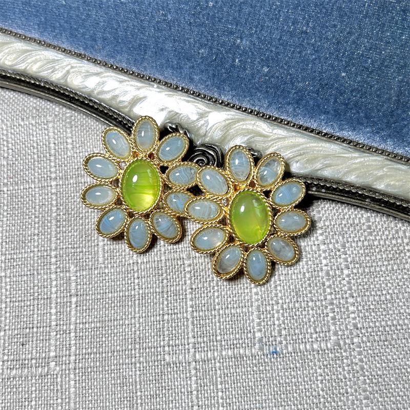

Vintage Matte Blue-Green Glass Flower Stud Earrings with Ear Clips Stud Earrings