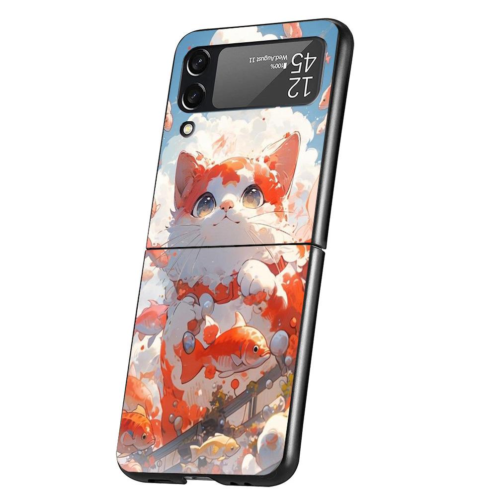 Cartoon Cute Cat Fish Aesthetic Cover Phone Case For Samsung Galaxy Z Flip 7 6 5 4 3 5G Flip7 Flip6 Flip5 Flip4 Flip3 Black Fund