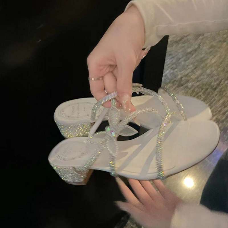 

RC rhinestone sandals~ 2025 summer new bow with stiletto slippers women s fashion high heels 39