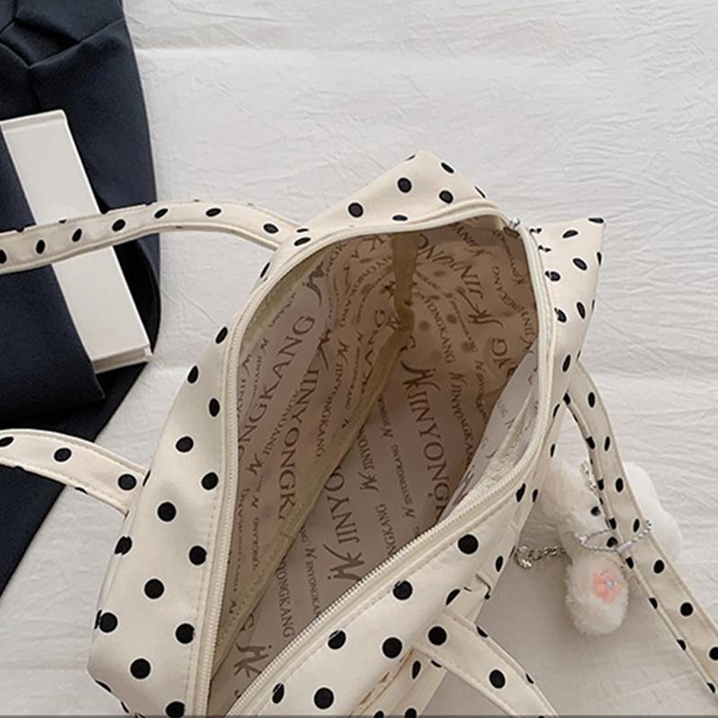 Japanese Cute Polka Dot Shoulder Bag High-quality Bow Square Bag BlackWhite Blocking Handbag Zipper Commute Storage Shopping Bag