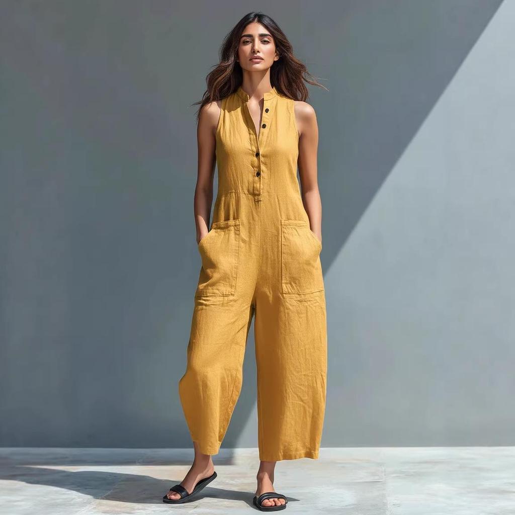 In-Stock Women's European & American Style Sleeveless Stand Collar Button Jumpsuit - Vacation Ready