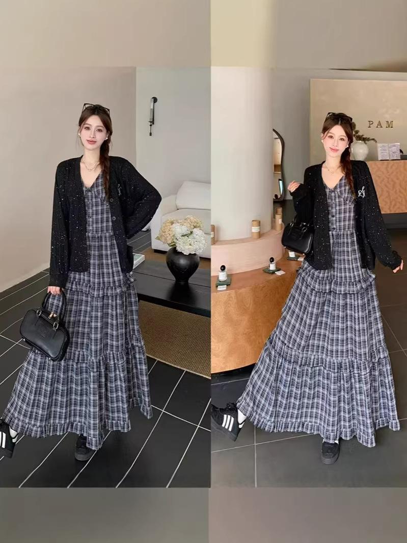Plus Size Plaid Two-Piece Set: Loose Jacket & Vest Dress for Spring 2026 3XL