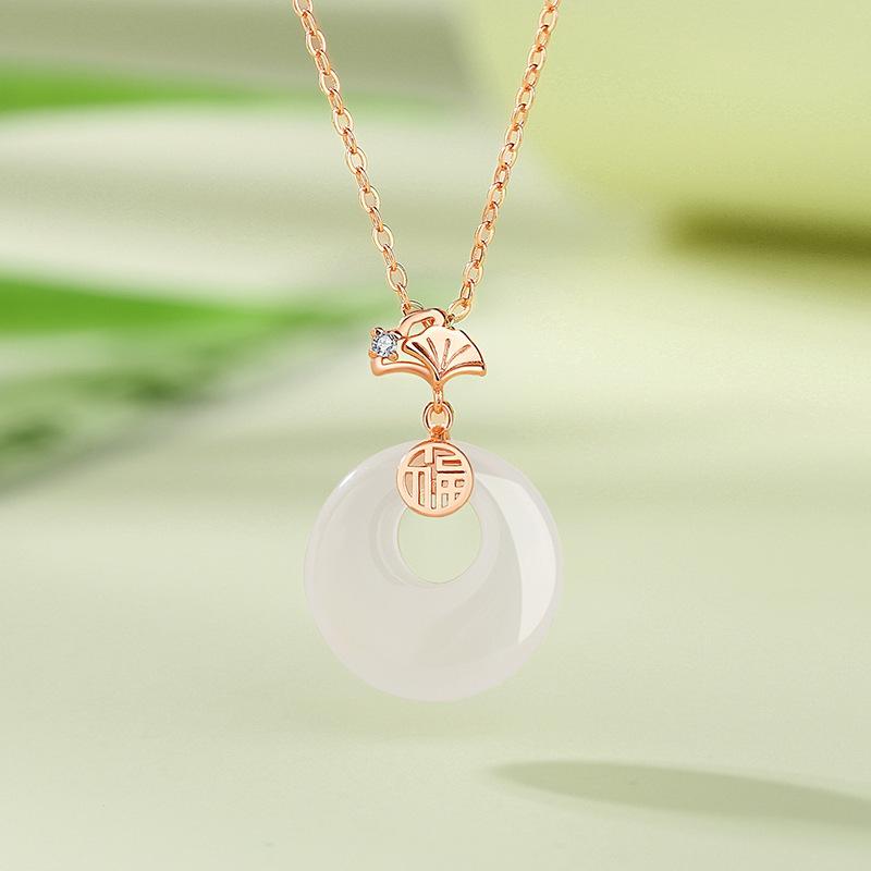 Women Chinese Style Ginkgo Leaf Fortune Ping An Buckle Imitation Agate Pendant Clavicle Necklace