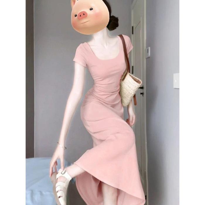 Casual Simple Style Solid Color U-neck Dress Women's Slightly Fat Long Dress Little Mother Waist Hip Skirt Summer Wholesale