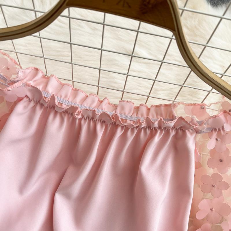 Top da Donna Elegante Monospalla in Chiffon a Rete Floreale 3D - Ampio, Modellante in Vita e Off-the-Shoulder per l'Estate