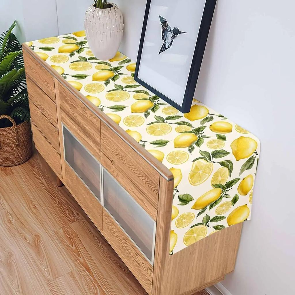 Summer Fresh Lemon Print Table Runner Bright Fruit Pattern Decorative Table Cover for Dining Kitchen Home Decor