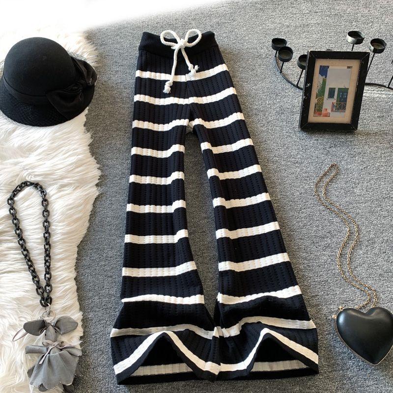 

Women s Black & White Striped Knit Pants, Spring, High-Waist, Loose, Slimming, Casual Wide-Leg, Straight-Leg S [Recommended weight 85-95 lbs]
