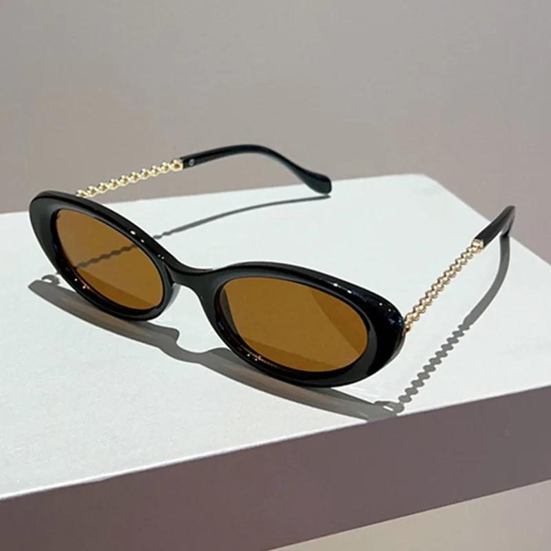 New In Luxury Brand Designer Small Frame Oval Sunglasses Women For Men Vintage Fashion Sun Glasses Punk Metal Chain Shades Uv400