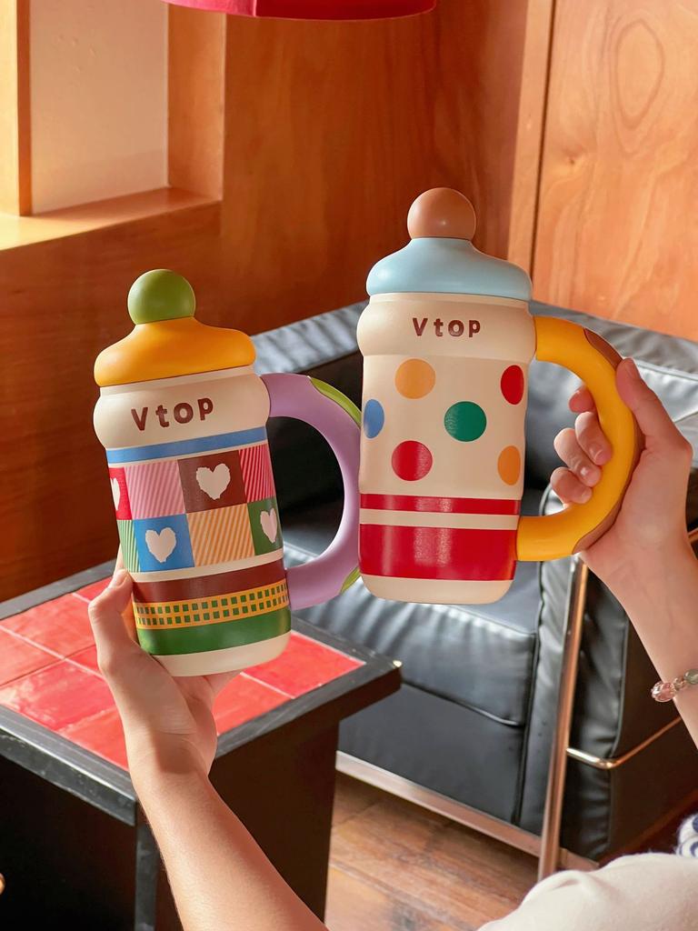 Cute Cartoon Large Capacity Insulated Coffee Cup for Girls Portable School Drinking Water Cup Stainless Steel Straw Cap