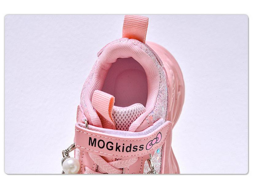 2025 Spring/Autumn Girls' LED Light-Up Pearl Chain Princess Sneakers with Soft Soles