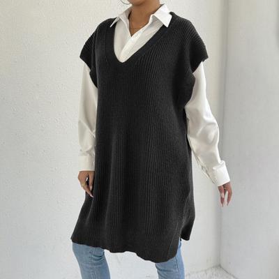 Yousheng Damen Pullover Weste V-Ausschnitt Ärmellos Einfarbig Strickweste Lockere Passform Seitenschlitz Design Lässige Pullover Weste