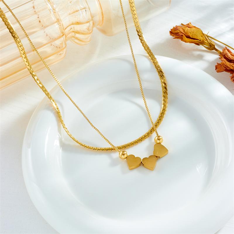 DIEYURO 316L Stainless Steel Double Layer Lovely Heart Charm Necklace For Women Girl Fashion 2in1 Chains Non-fading Jewelry Gift
