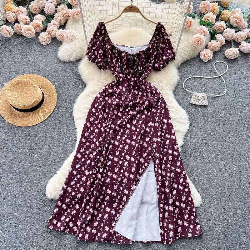 Puff Sleeves Summer Slimming Mori Style Split Dress