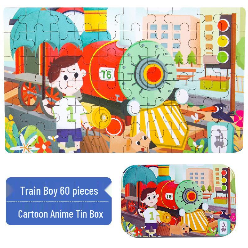 Children's Wooden Puzzle Set: 60-Piece Educational Toy In Tin Box for Ages 2-5