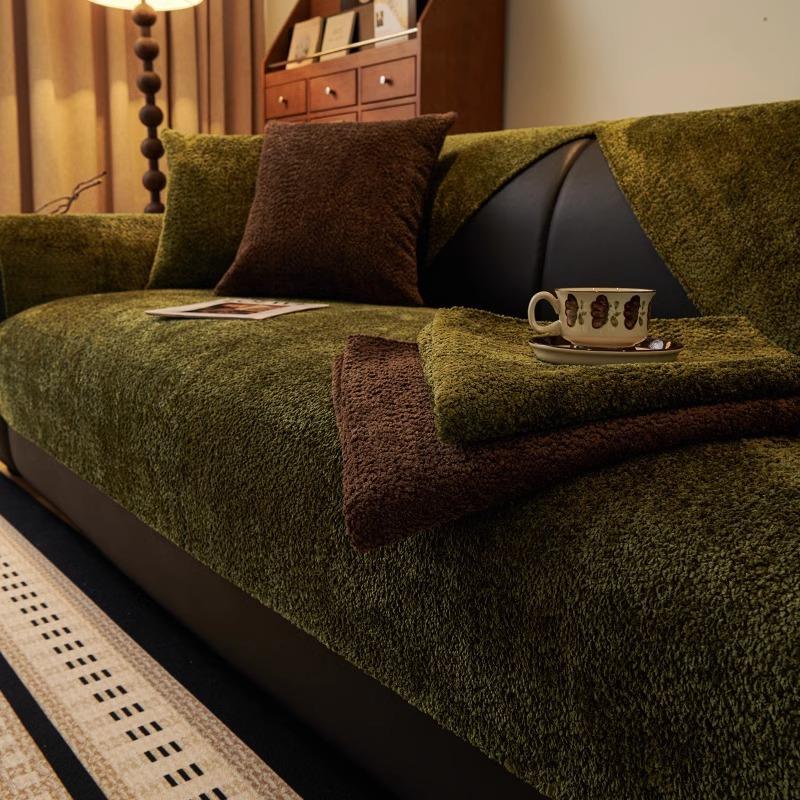 Sofa Cushion Winter Plush Non-Slip Medium Antique Dark Green Retro Advanced Sense Straight Row Sofa Seat Cushion Sofa Cover Towel
