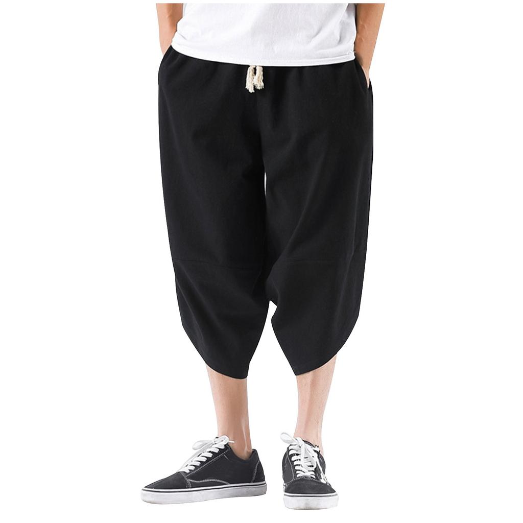 Men's Summer Fashion Leisure Color Cotton Linen Loose Calf-Length Pants