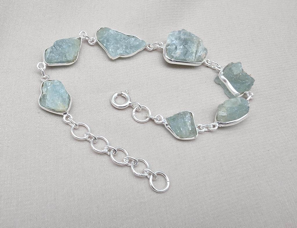 Raw Aquamarine Bracelet In 925 Sterling Silver Natural Blue Gemstone Jewelry