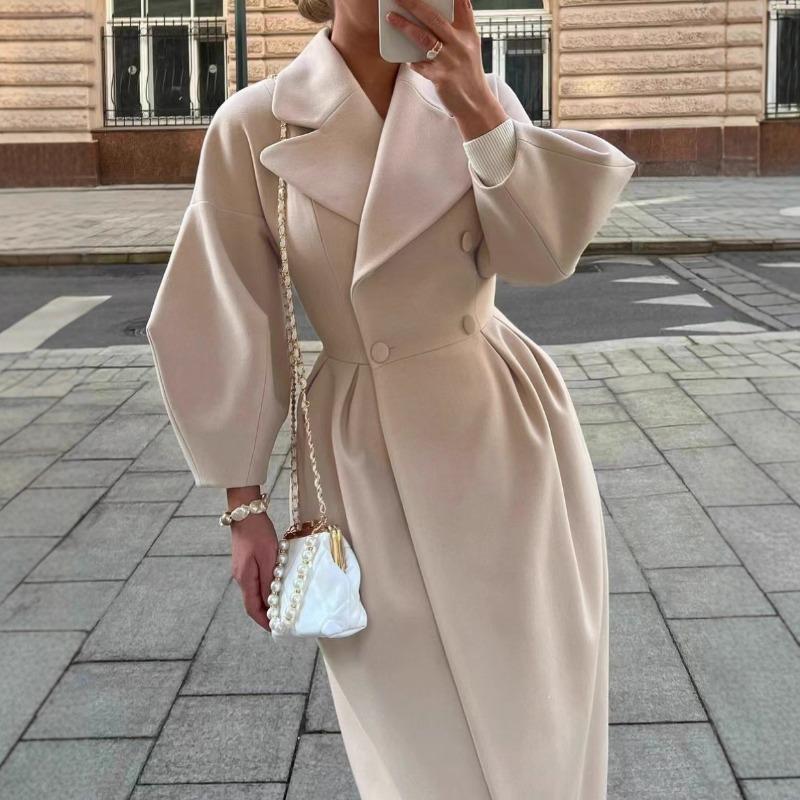 Vintage Court Style Waist Cinched Long Turn Down Collar Lantern Sleeve Overcoat For Women
