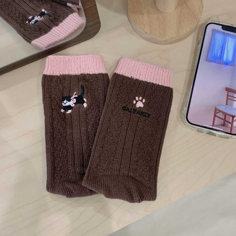 Winter and Autumn Kids' Knee-Length Cartoon Cat Paws Embroidered Chunky Stockings Thick Knit Cute Socks
